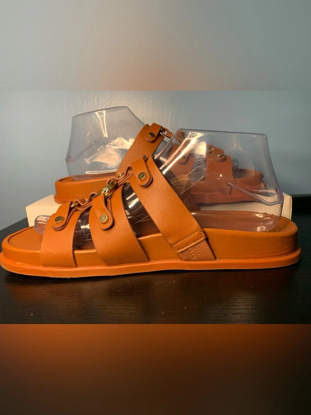 Marc Fisher Cognac Triple-Strap Slide Sandals with Gold Rings